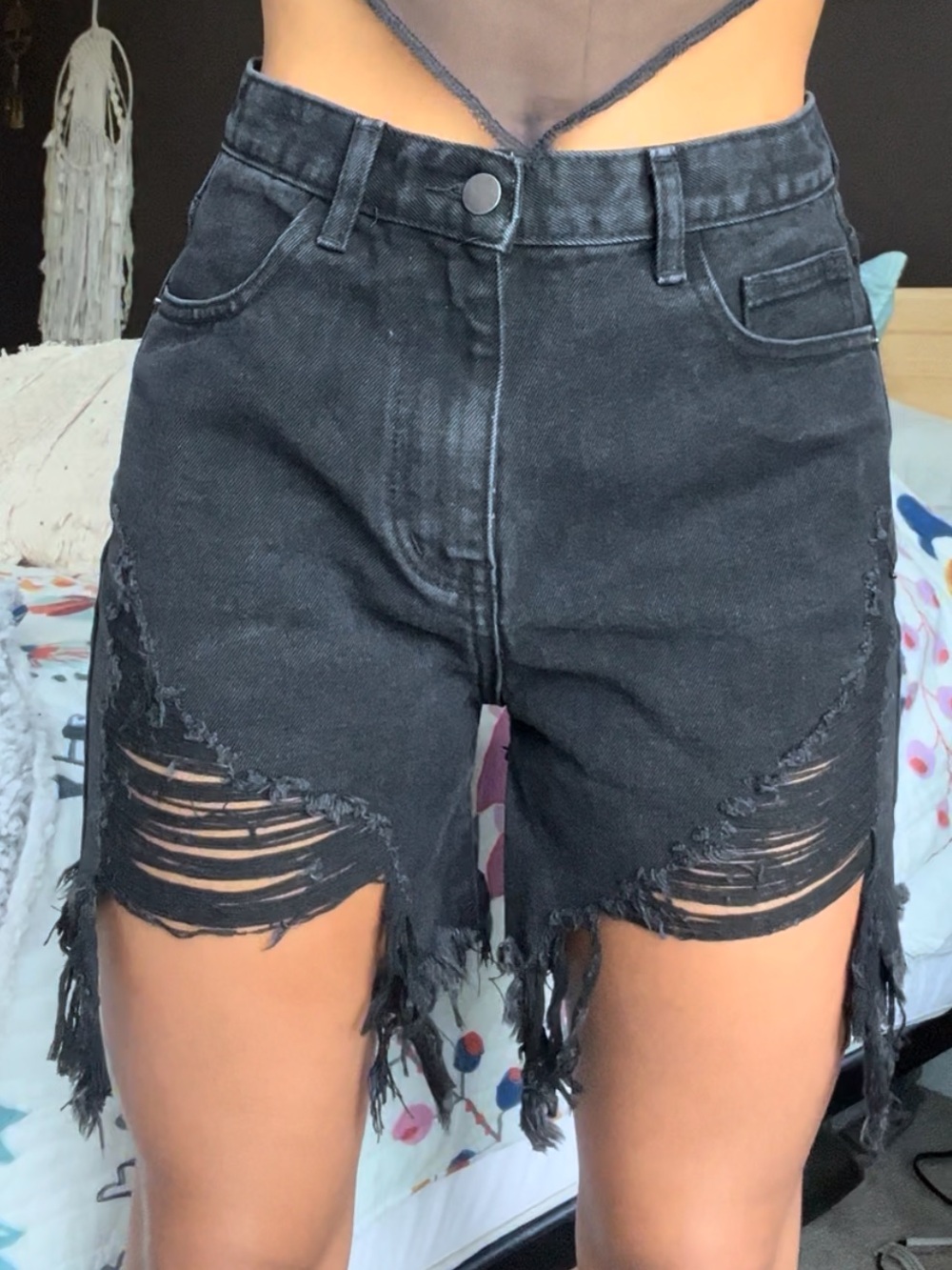 PrettyLittleThing Washed Black Ripped Denim Shorts